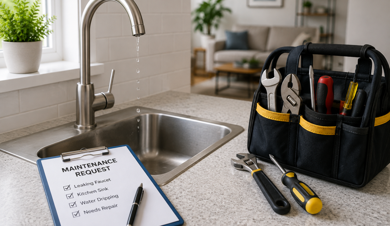 Tenant documenting a leaking kitchen faucet with a smartphone beside a maintenance request checklist and professional repair tools on a modern kitchen counter.
