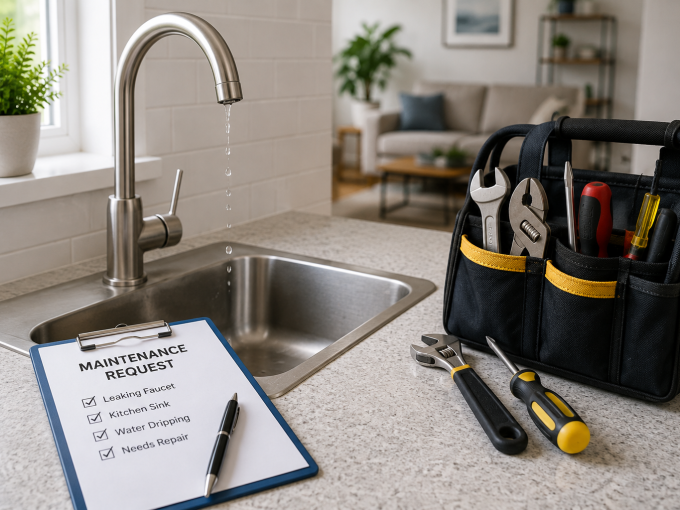 Tenant documenting a leaking kitchen faucet with a smartphone beside a maintenance request checklist and professional repair tools on a modern kitchen counter.