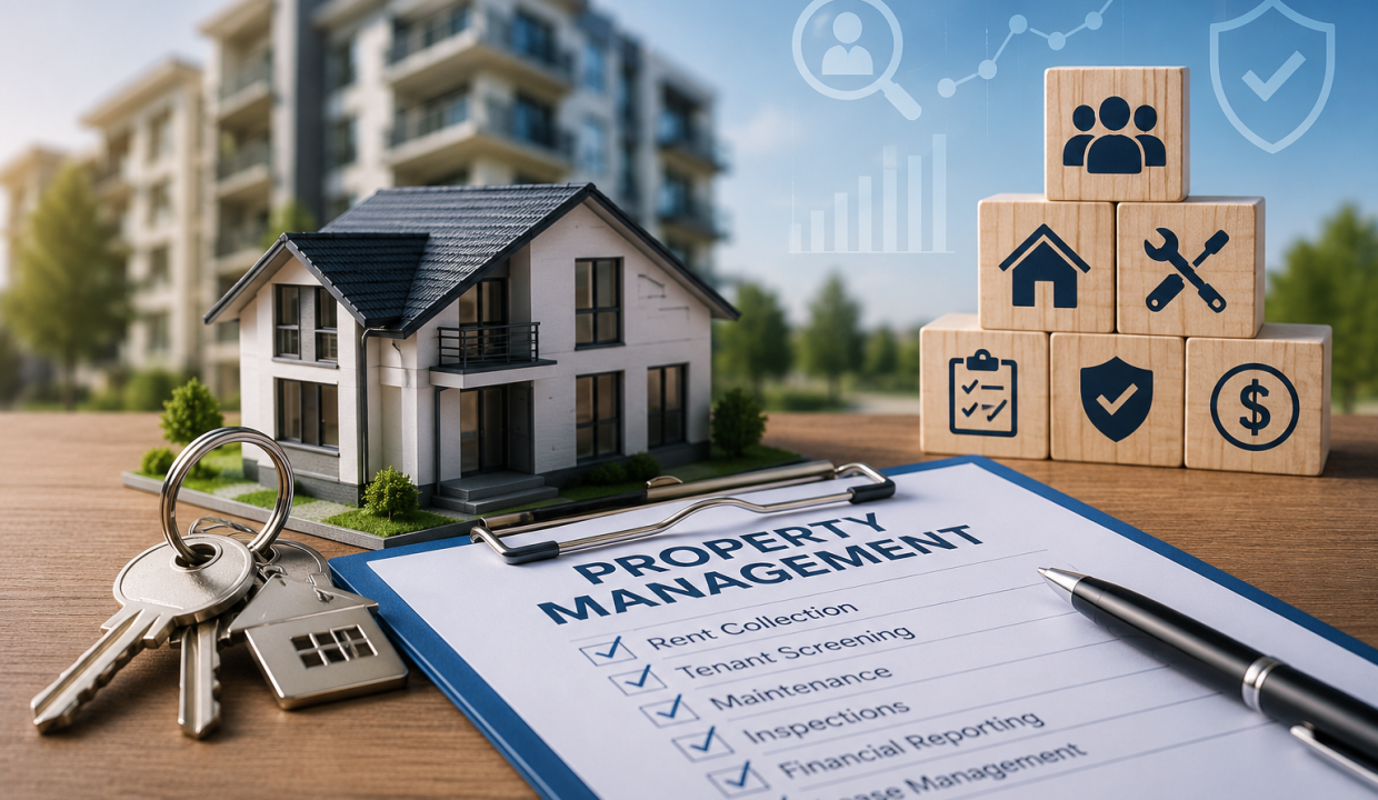 A professional property manager overseeing a rental property, highlighting the key responsibilities involved in managing properties for landlords and supporting tenants through rent collection, maintenance, inspections, tenant screening, and day-to-day property operations.