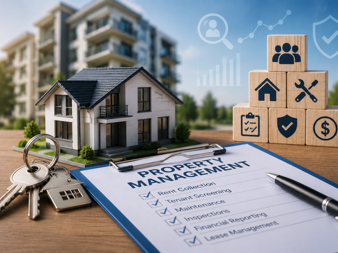 A professional property manager overseeing a rental property, highlighting the key responsibilities involved in managing properties for landlords and supporting tenants through rent collection, maintenance, inspections, tenant screening, and day-to-day property operations.