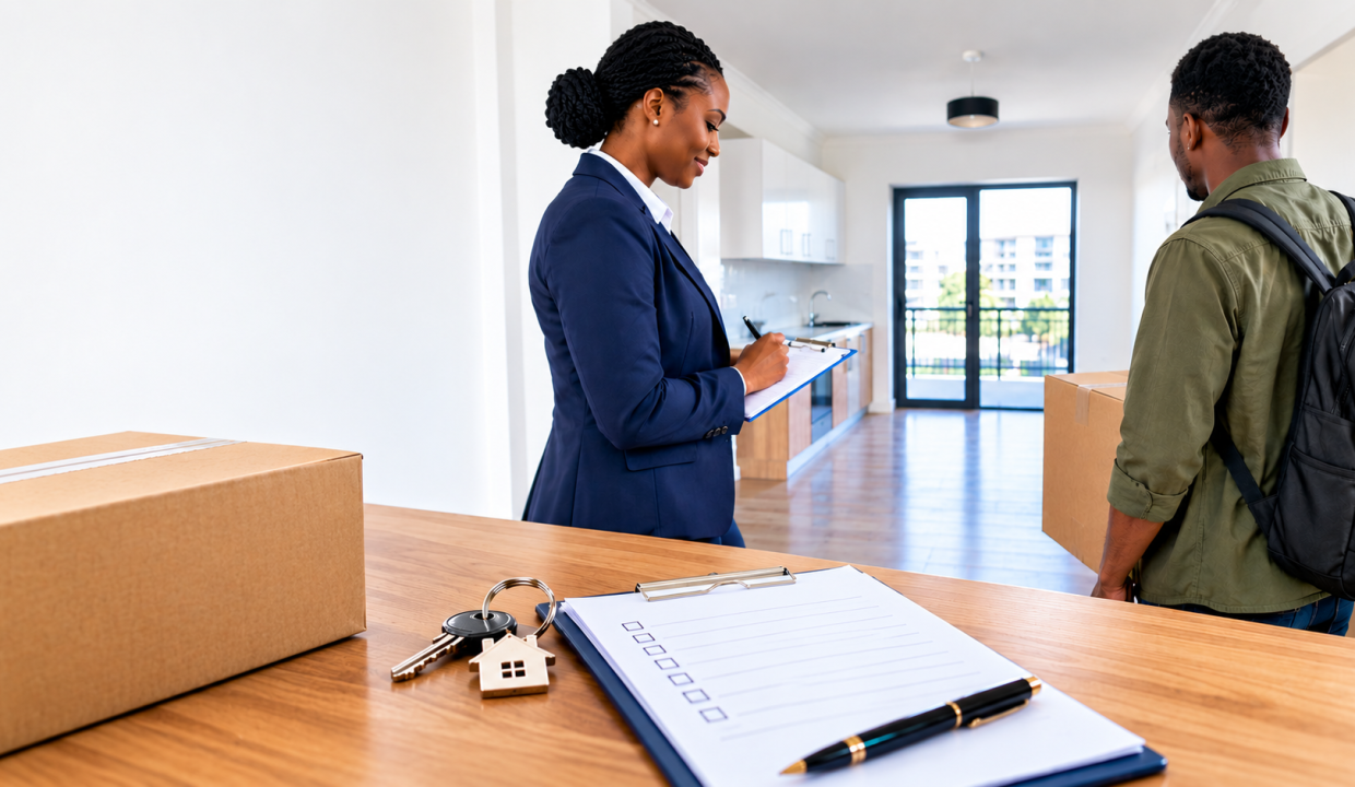 Property manager inspecting a one-bedroom rental with tenants during a tenant move-out