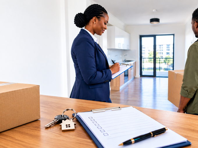 Property manager inspecting a one-bedroom rental with tenants during a tenant move-out